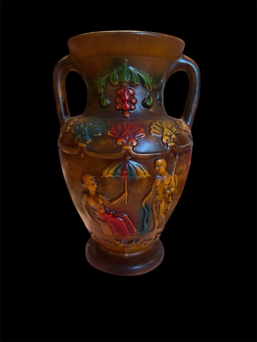 Decorative Two-Handled Figural Vase in Brown with Multicolor Accents